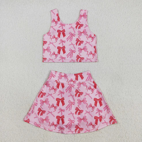 9.24 RTS Sibling Baby Girls Sleeveless Blue Pink Bows Vest Top Yoga Athletic Skorts Sets