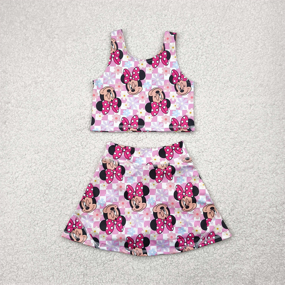 8.12 RTS NO MOQ Baby Girls Summer Outfits Sleeveless floral mouse top skirt kids girls activewear