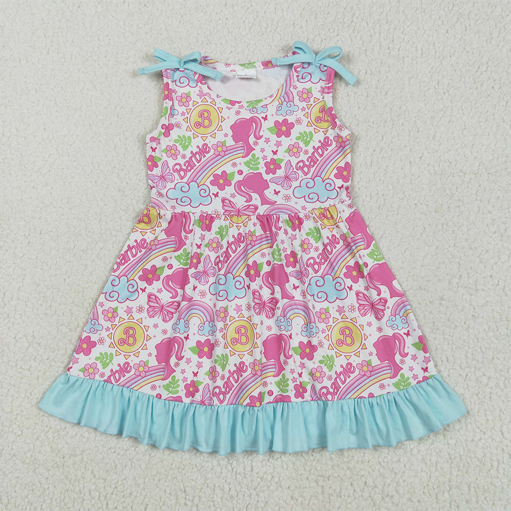 7.16 GSD2463 RTS NO MOQ Baby Girls Summer Dress Baby Girls Strap Pink Flowers Cartoon Dolls Knee Length Dresses