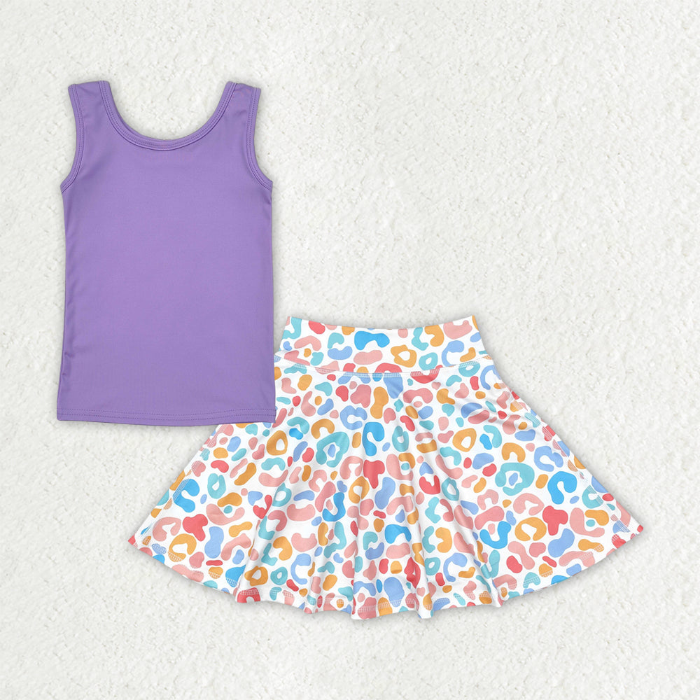 7.17 GSD2521 RTS NO MOQ Baby Girls Yoga Outfits Baby Girls Purple Sleeveless Yoga Vests Top Colorful Leopard Skorts Sets