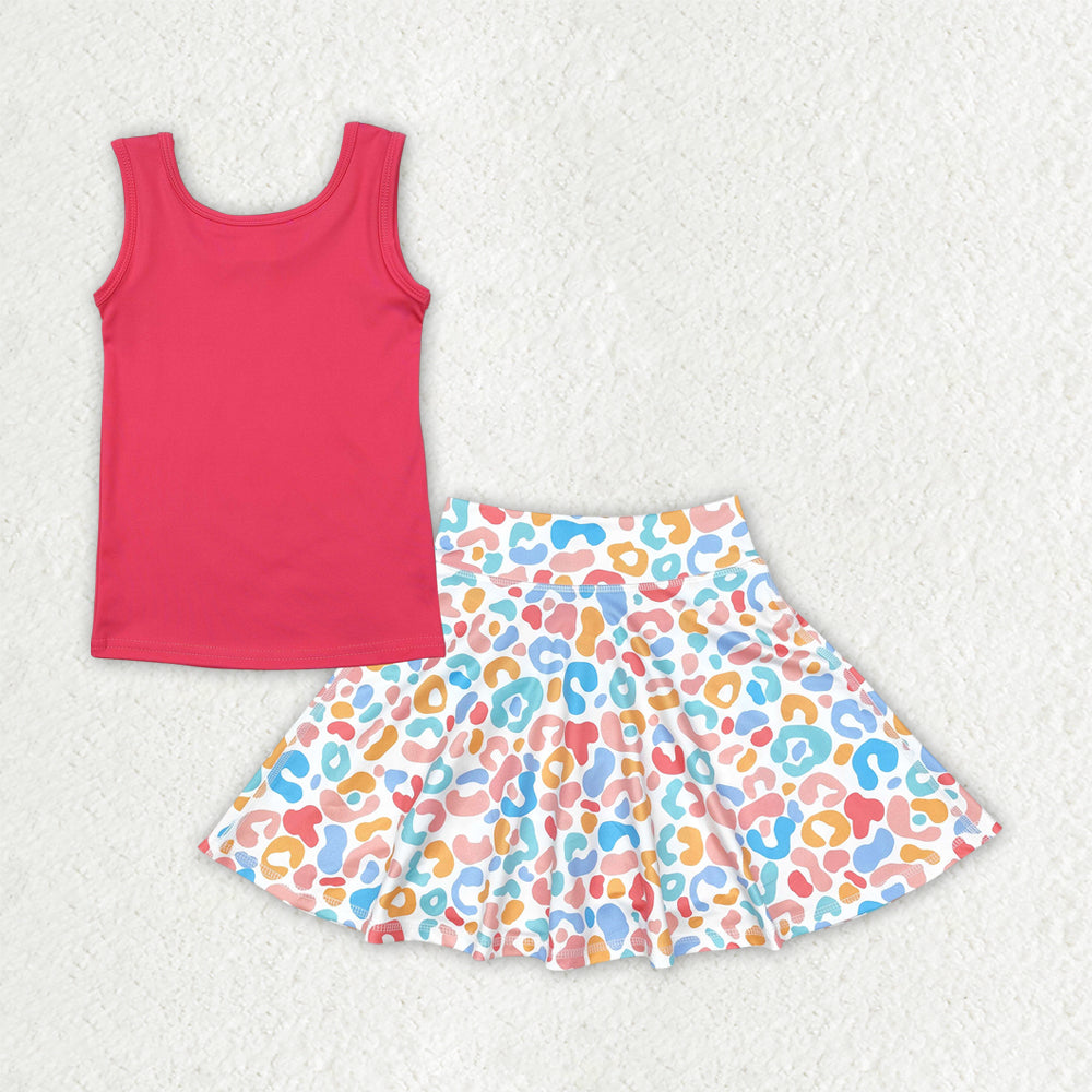 7.17 GSD2522 RTS NO MOQ Baby Girls Yoga Outfits Baby Girls Pink Sleeveless Yoga Vests Top Colorful Leopard Skorts Sets
