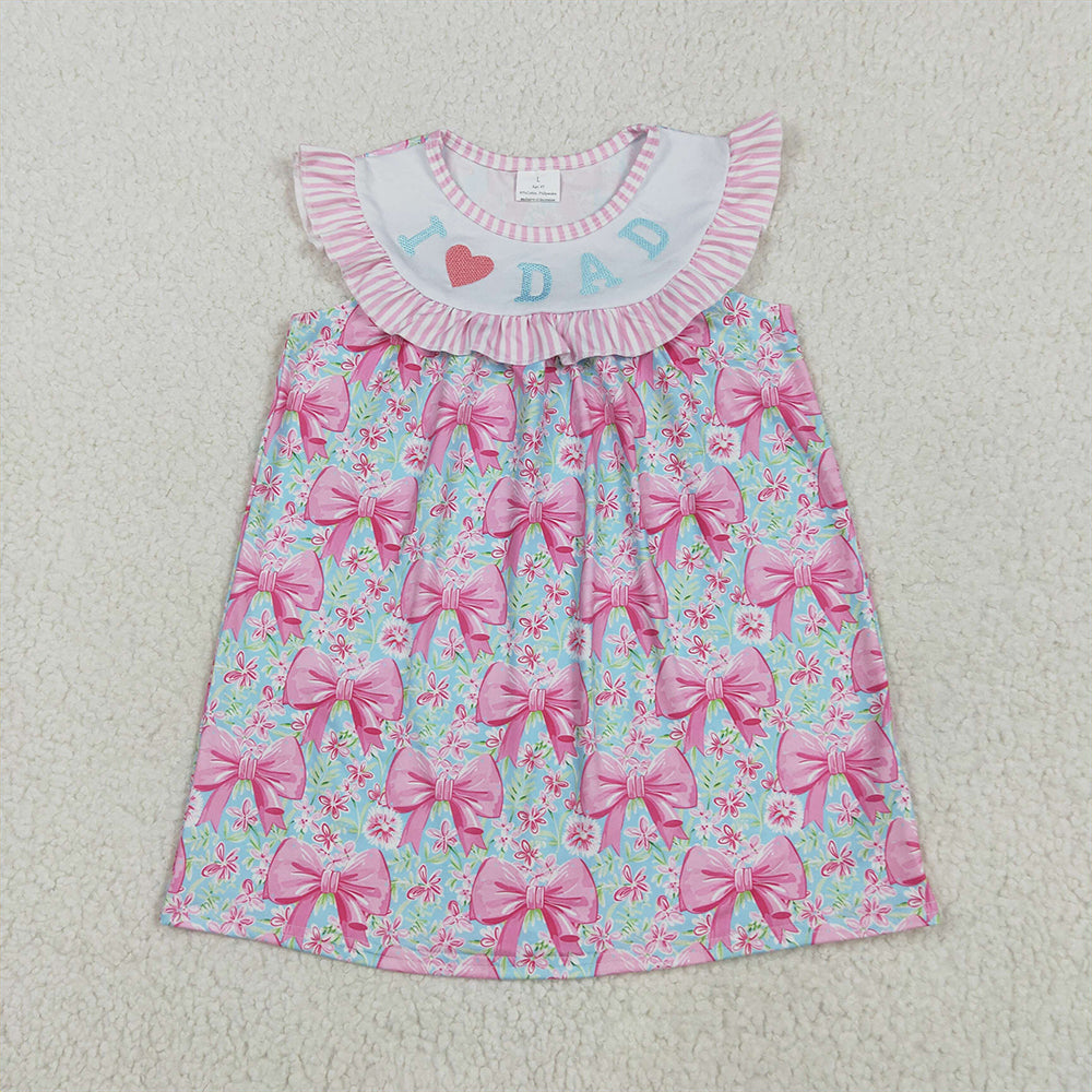 8.11 GSD2534 RTS NO MOQ Baby Girls Summer Dress Embroidery Baby Girls Pink I Love Dad Floral Bows Knee Length Dresses