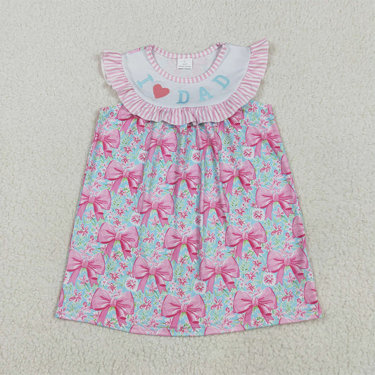 8.11   GSD2534 RTS NO MOQ Baby Girls Summer Dress Embroidery Baby Girls Pink I Love Dad Floral Bows Knee Length Dresses