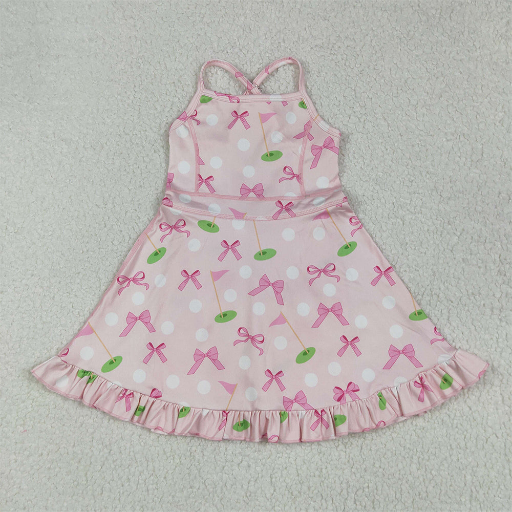 8.14 GSD2568RTS NO MOQ Baby Girls Summer Yoga Dress Baby Girls Strap Pink Bows Golf Flags Activity Wear Yoga Knee Length Dresses