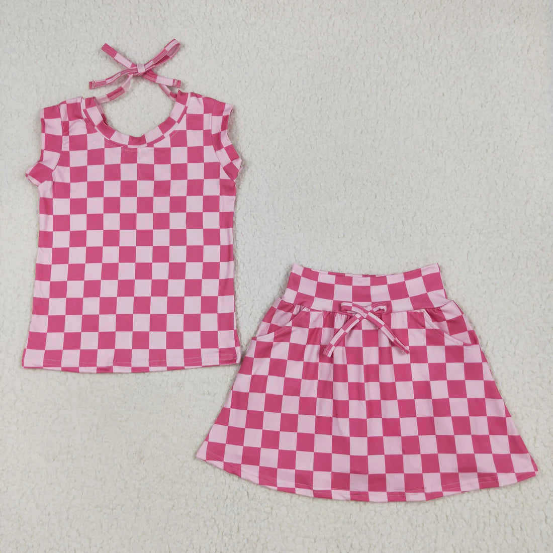 10.3 RTS Sibling Baby Girls Pink Sleeveless Flowers Plaid Shirts Top Skorts Clothes Sets