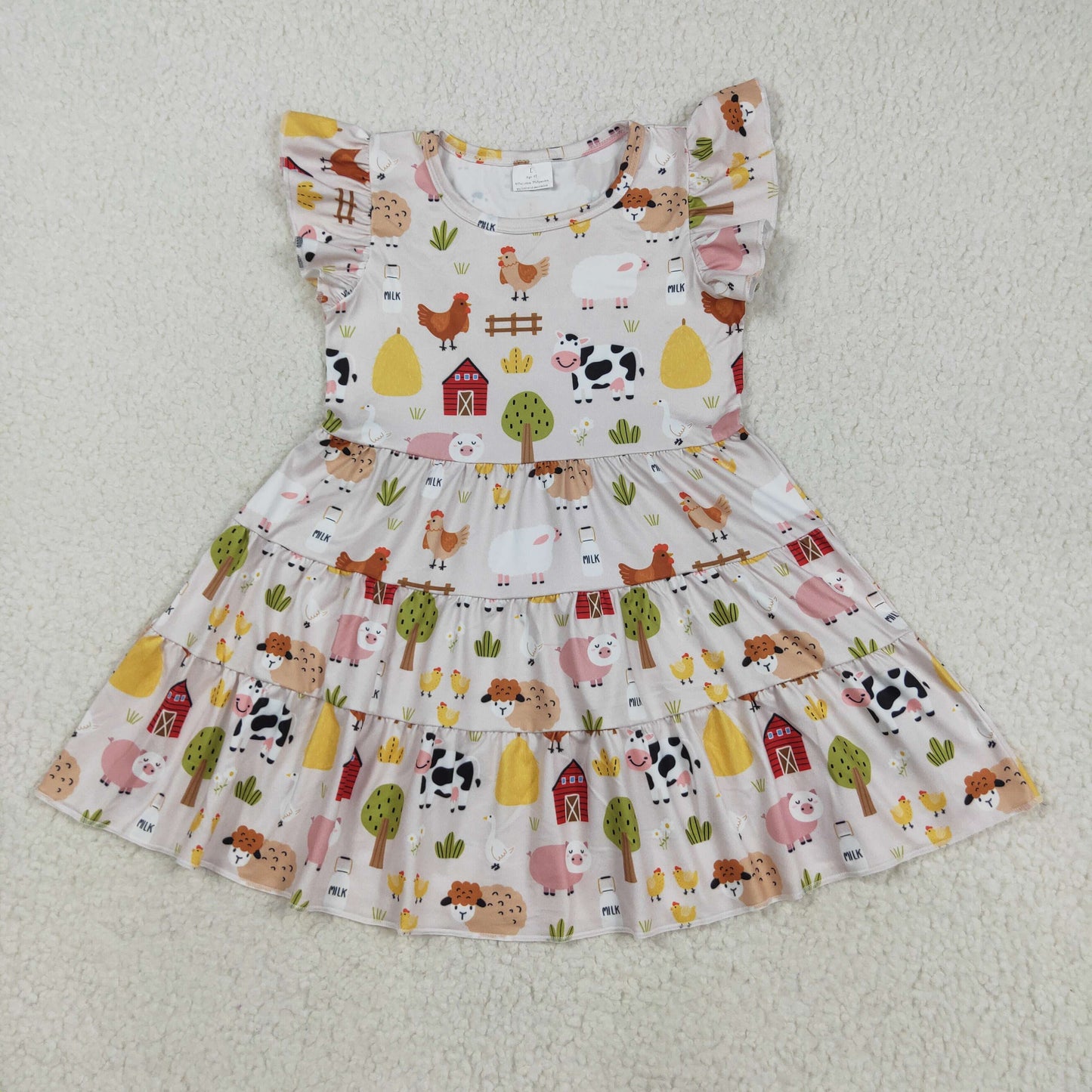 8.20 RTS NO MOQ (In stock)GSD2595 Baby Girls Summer Dress Baby Girls Flutter Sleeves Cows Chicks Farm Knee Length Dresses