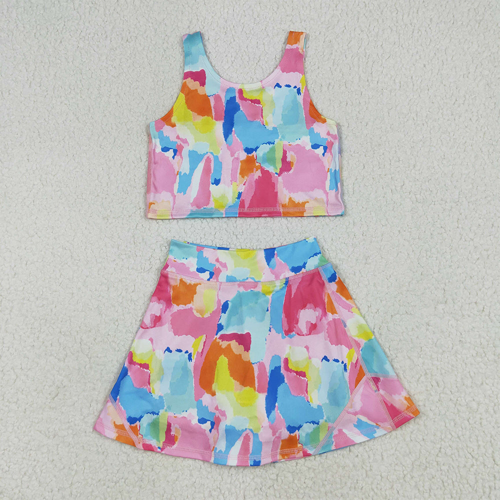 8.15 GSD2625 RTS NO MOQ Baby Girls Yoga Outfits Baby Girls Sleeveless Watercolor Camo Vest Top Short Skirts Yoga Set