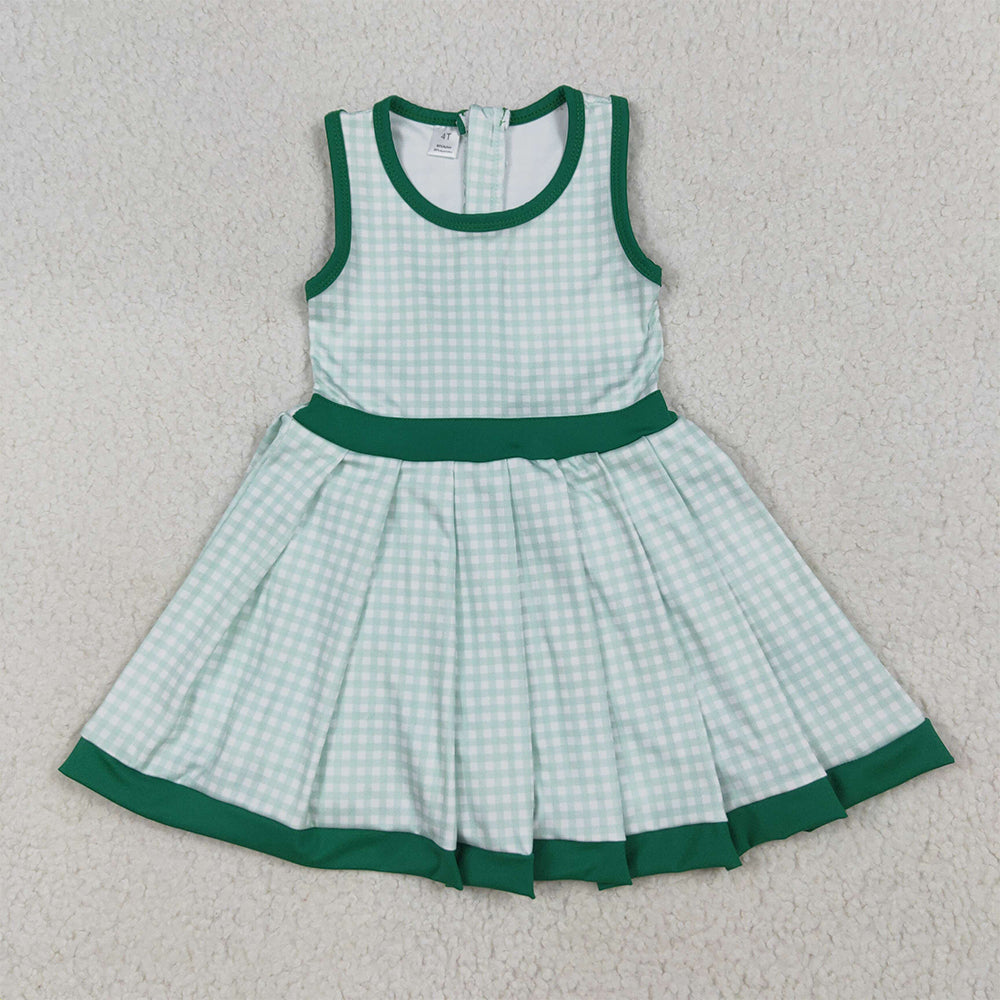 RTS NO MOQ (In stock)GSD2632 Baby Girls Summer Dress Baby Girls Green Plaid Sleeveless Ruffle Short Yoga Knee Length Dresses