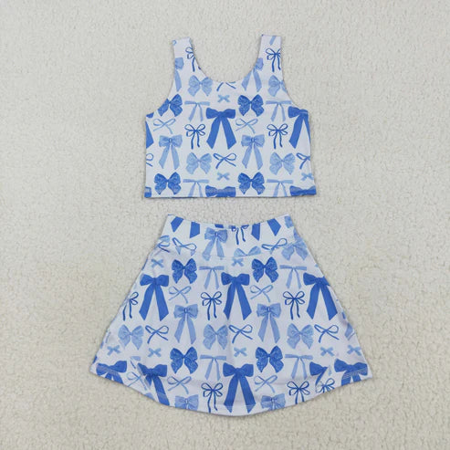 9.24 RTS Sibling Baby Girls Sleeveless Blue Pink Bows Vest Top Yoga Athletic Skorts Sets