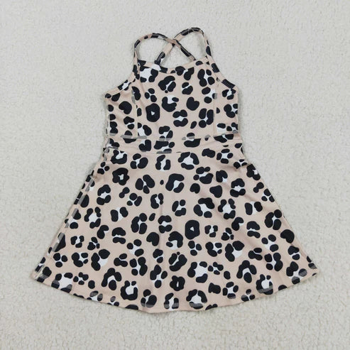 9.24 RTS Sibling Baby Girls Brown Leopard Shorts Yoga Active Knee Length Dresses Set