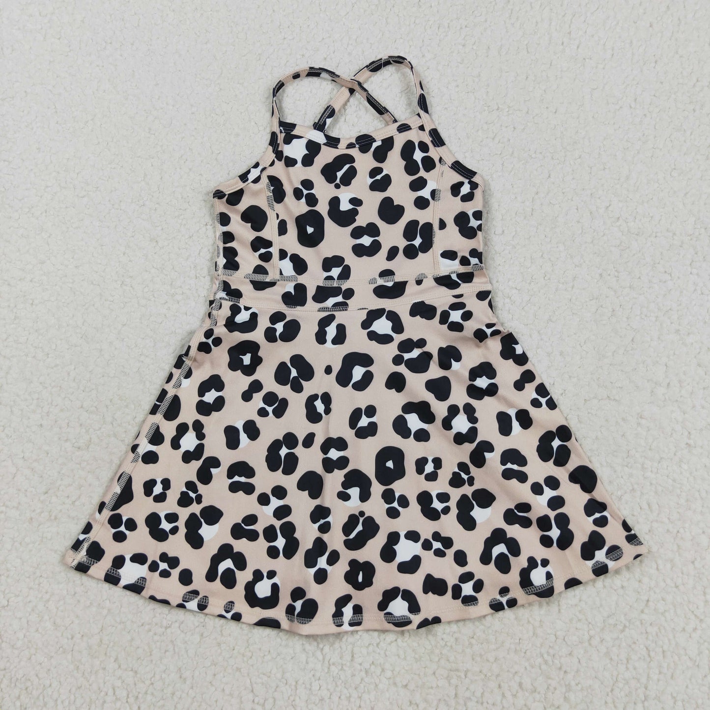 RTS NO MOQ (In stock)GSD2650 Baby Girls Yoga Dress Baby Girls Strap Leopard Shorts Yoga Active Knee Length Dresses