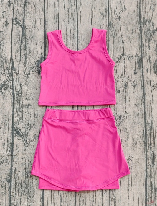 9.27 GSD2657 Yoga Fabric Sample No Moq Baby Girls Pink Vest Top Skirts Shorts Bottom Yoga Active Clothes Set