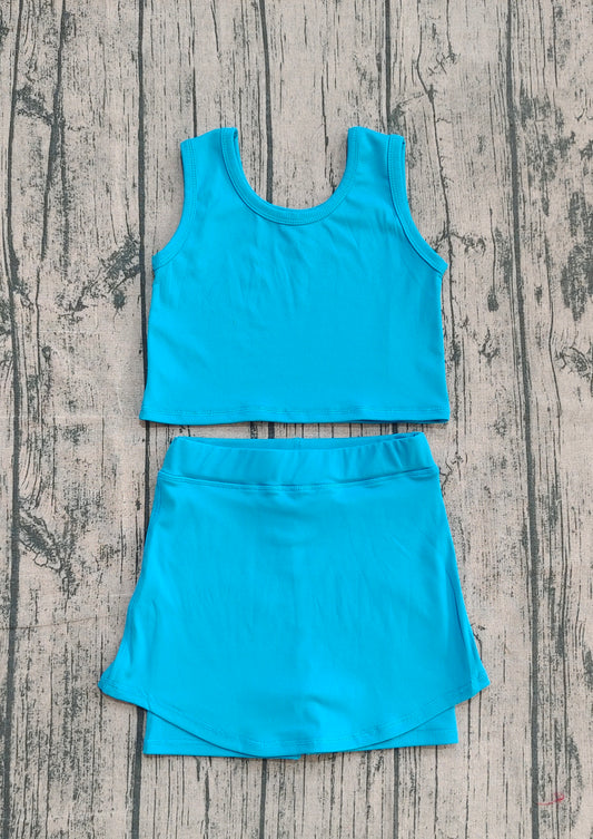 9.27 GSD2659 Yoga Fabric Sample No Moq Baby Girls Blue Vest Top Skirt Shorts Bottom Active Clothes Yoga Set