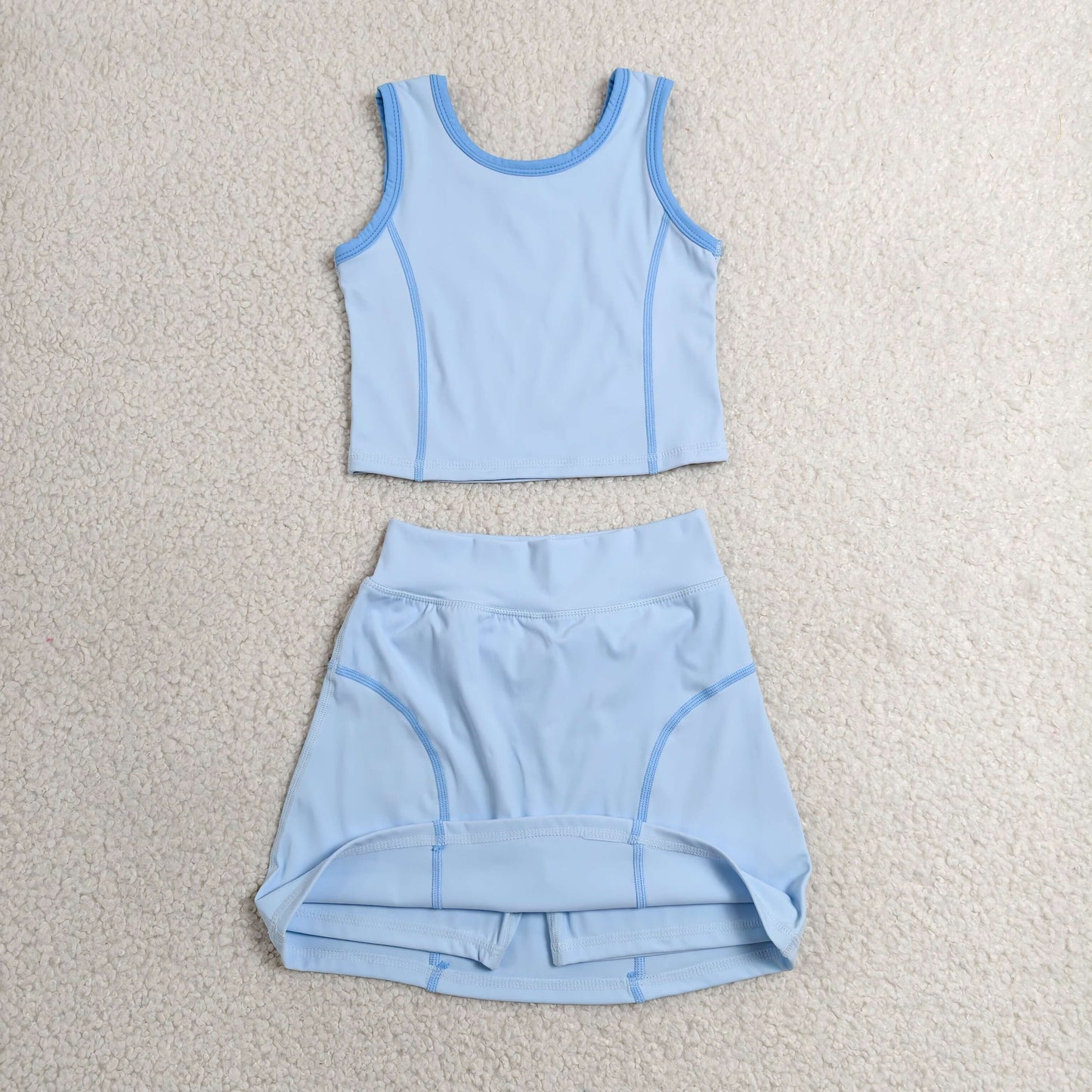 GSD2674 RTS NO MOQ (In stock)Baby Girls Sleeveless Sky Blue Vest Top Skirts Set