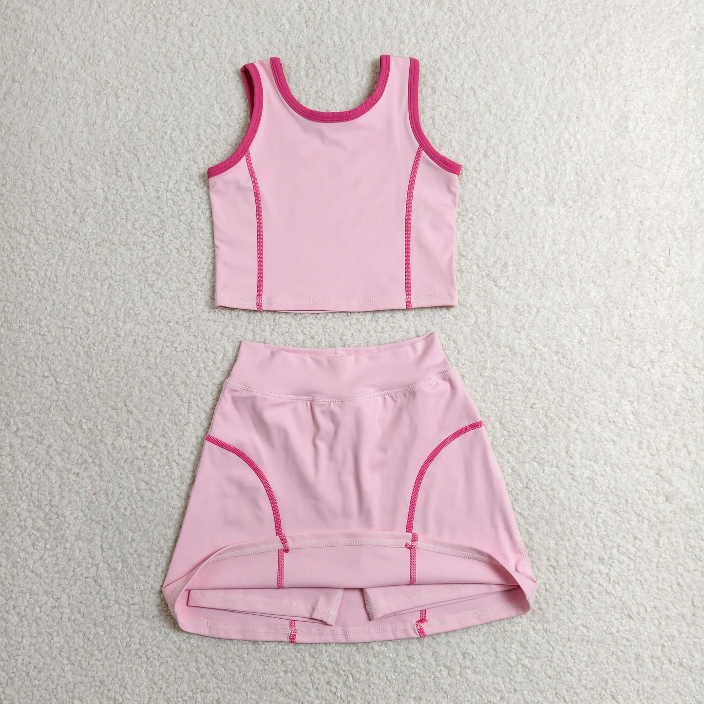 GSD2675 RTS NO MOQ (In stock)Baby Girls Pink Sleeveless Vest Top Skirt Shorts Yoga Active Clothes Set