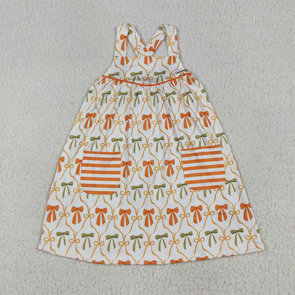 RTS NO MOQ (In stock)GSD2676 Baby Girls Summer Dress Baby Girls Straps Orange Bows Plaid Stripe Pockets Knee Length Dresses