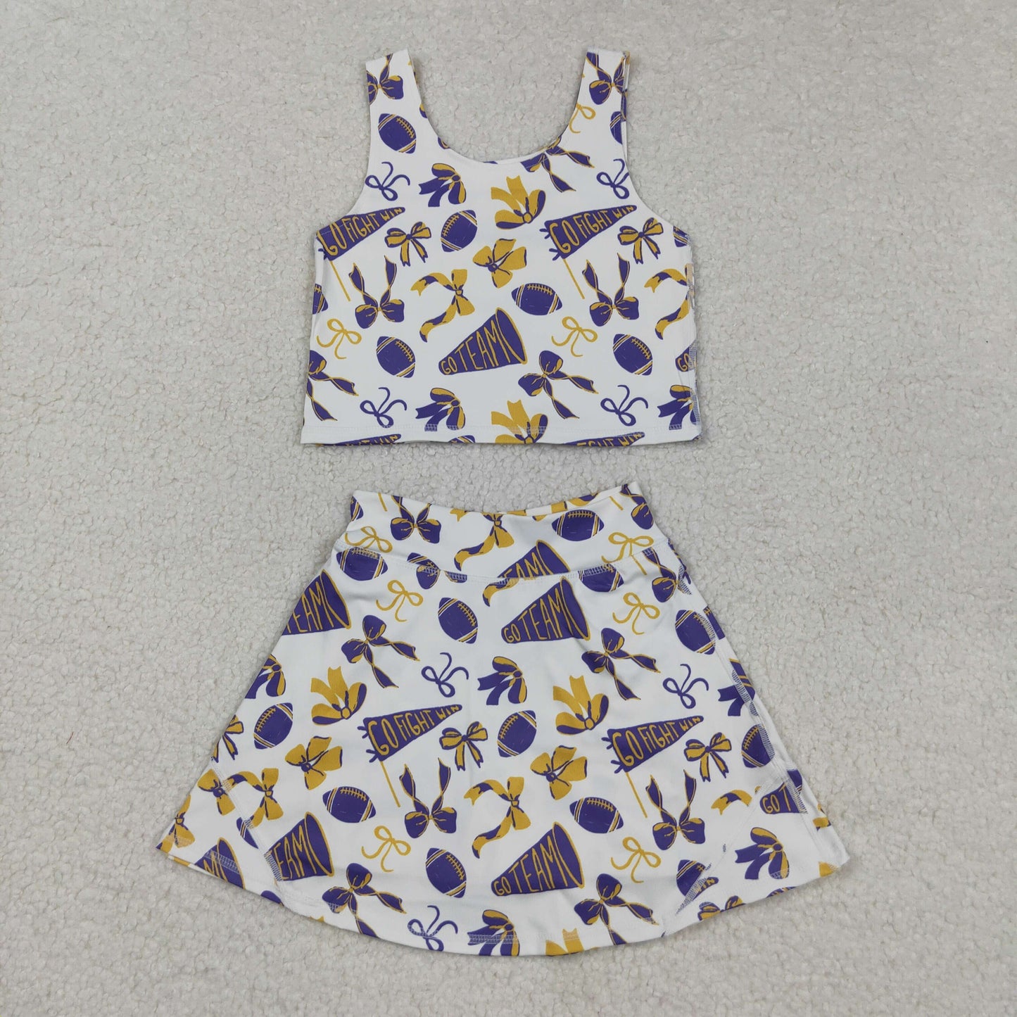 RTS NO MOQ (In stock)GSD2690 Baby Girls Yoga Sets Baby Girls Purple Footballs Bows Plaid Vest Top Skorts Team Yoga Active Set