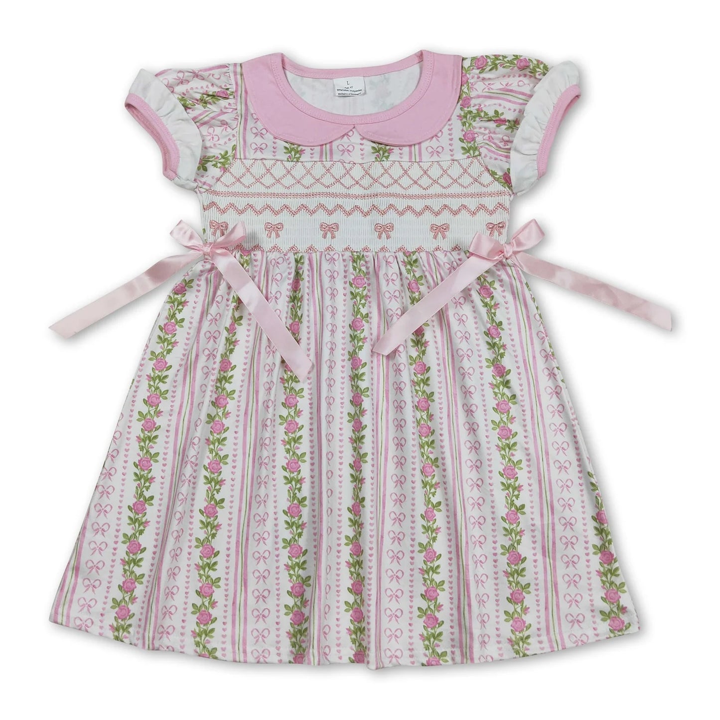 10.13 RST Sibling Baby Girls Pink Smocked Embroidery Bows Flowers Ruffle Sleeve Collar Knee Length Dresses