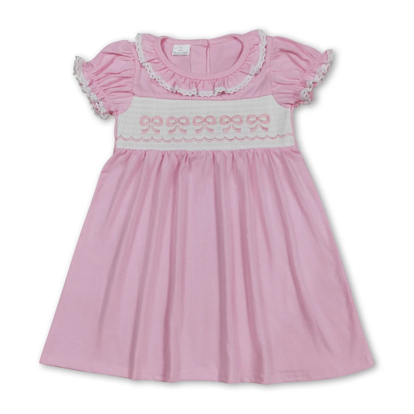 10.13 RST Sibling Baby Girls Pink Smocked Embroidery Bows Flowers Ruffle Sleeve Collar Knee Length Dresses