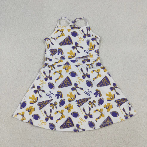 11.15 RST Sibling Baby Girls Purple Bows Footballs Go Team Ruffle Zipper Romper Knee Length Dresses