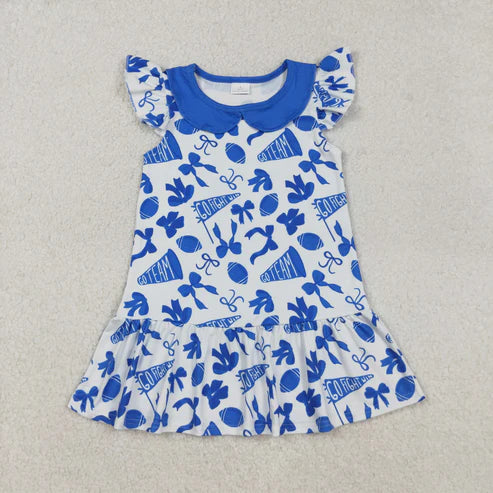 10.22 RTS Sibling Baby Girls Blue Bows Footballs Go Team Zipper Romper Dresses