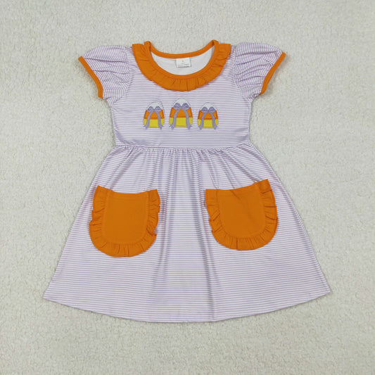 RTS NO MOQ (In stock)GSD2791 Baby Girls Summer Dress Girls Stripe Candy Corn Bow Pockets Halloween Dresses Assorted Sizes And Colors