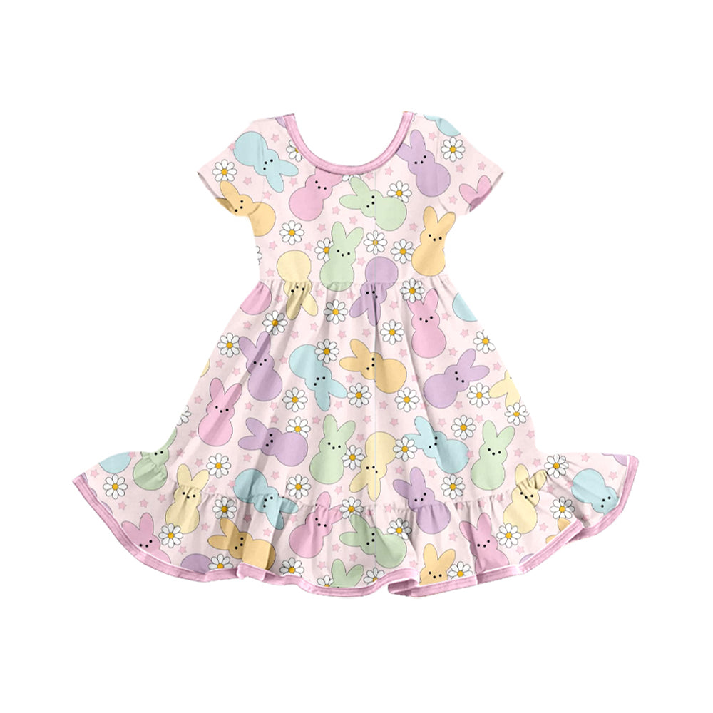 9.20 GSD2826 Baby Girls Colorful Rabbits Flowers Ruffle Easter Knee Length Dresses Preorder