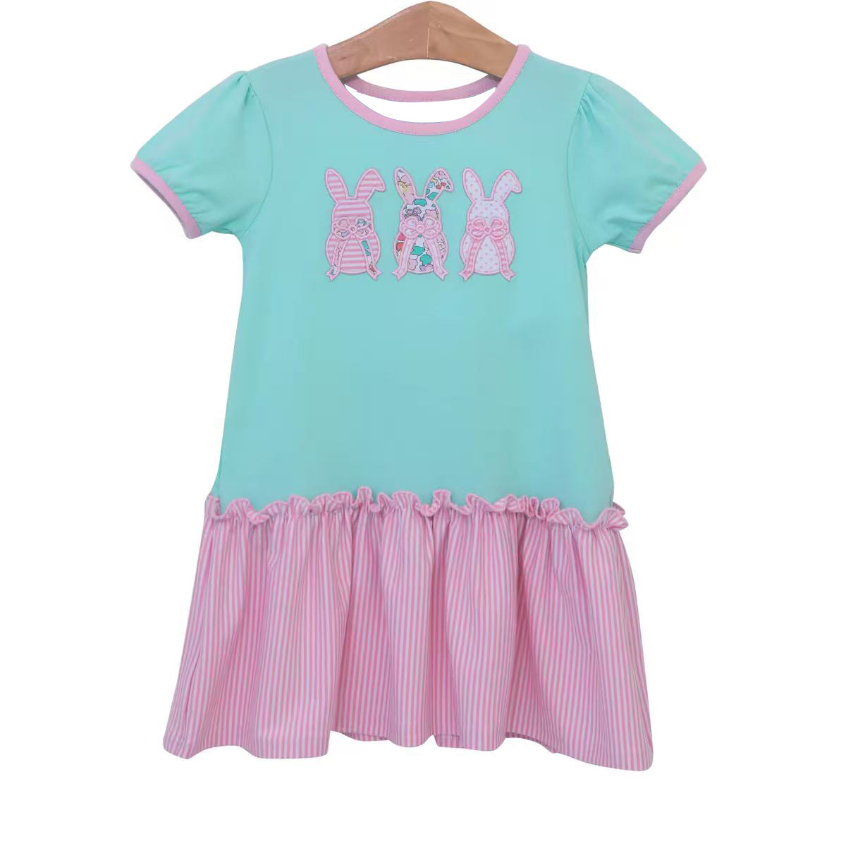 9.22 GSD2827 Baby Girls Aqua Easter Rabbits Knee Length Dresses Preorder