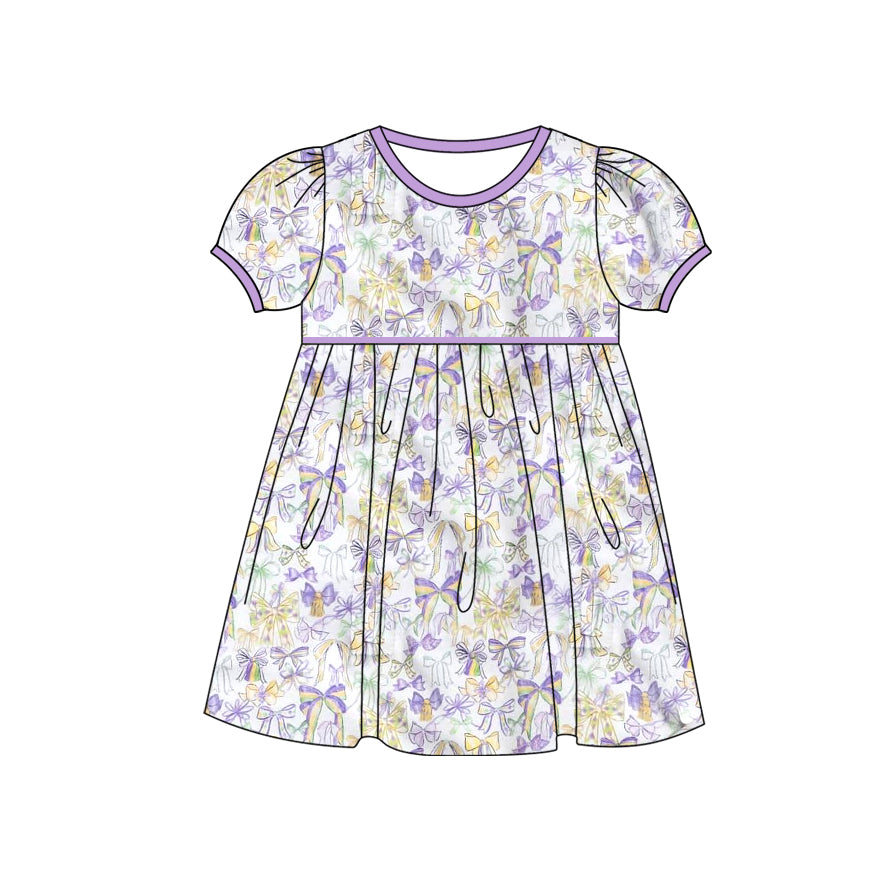 9.23 GSD2828 Pre order No Moq Baby Girls Short Ruffle Sleeve Mardigras Bows Knee Length Dresses Preorder