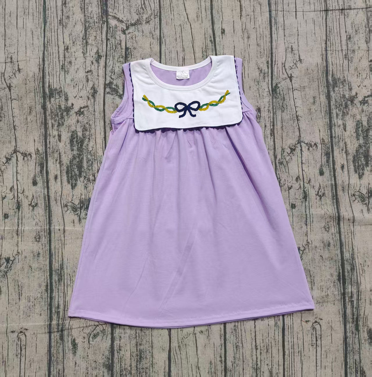 10.11 GSD2832 Sample No Moq Embroidery Baby Girls Sleeveless Mardigras Bows Top Knee Length Dresses