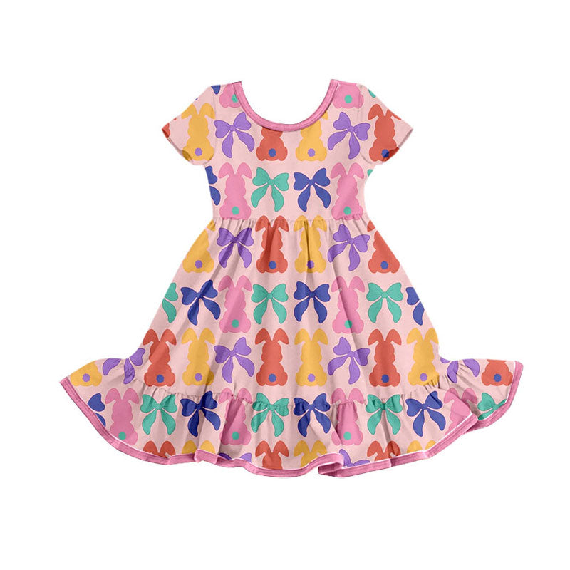9.24 GSD2834 Pre order No Moq Baby Girls Colorful Bows Rabbits Easter Ruffle Knee Length Dresses