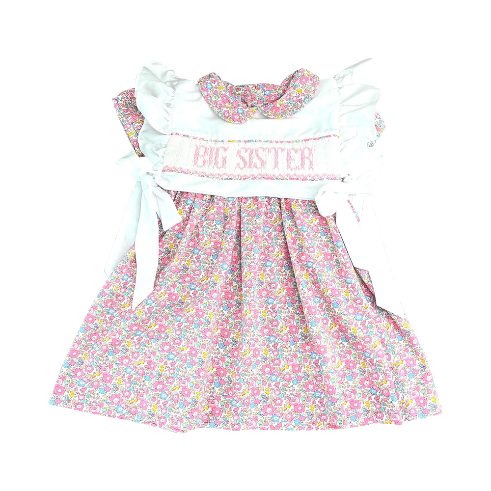 9.24 GSD2835 Pre order No Moq Baby Girls Pink Flowers Big Sister Bows Knee Length Dresses