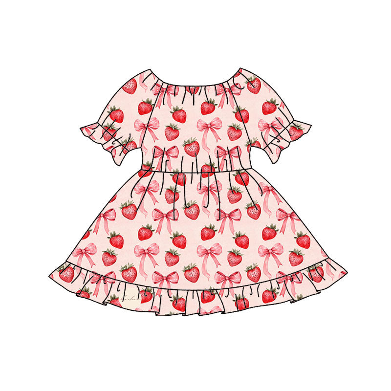 9.25 GSD2837 Pre order No Moq Baby Girls Bows Strawberry Plaid Ruffle Knee Length Dresses