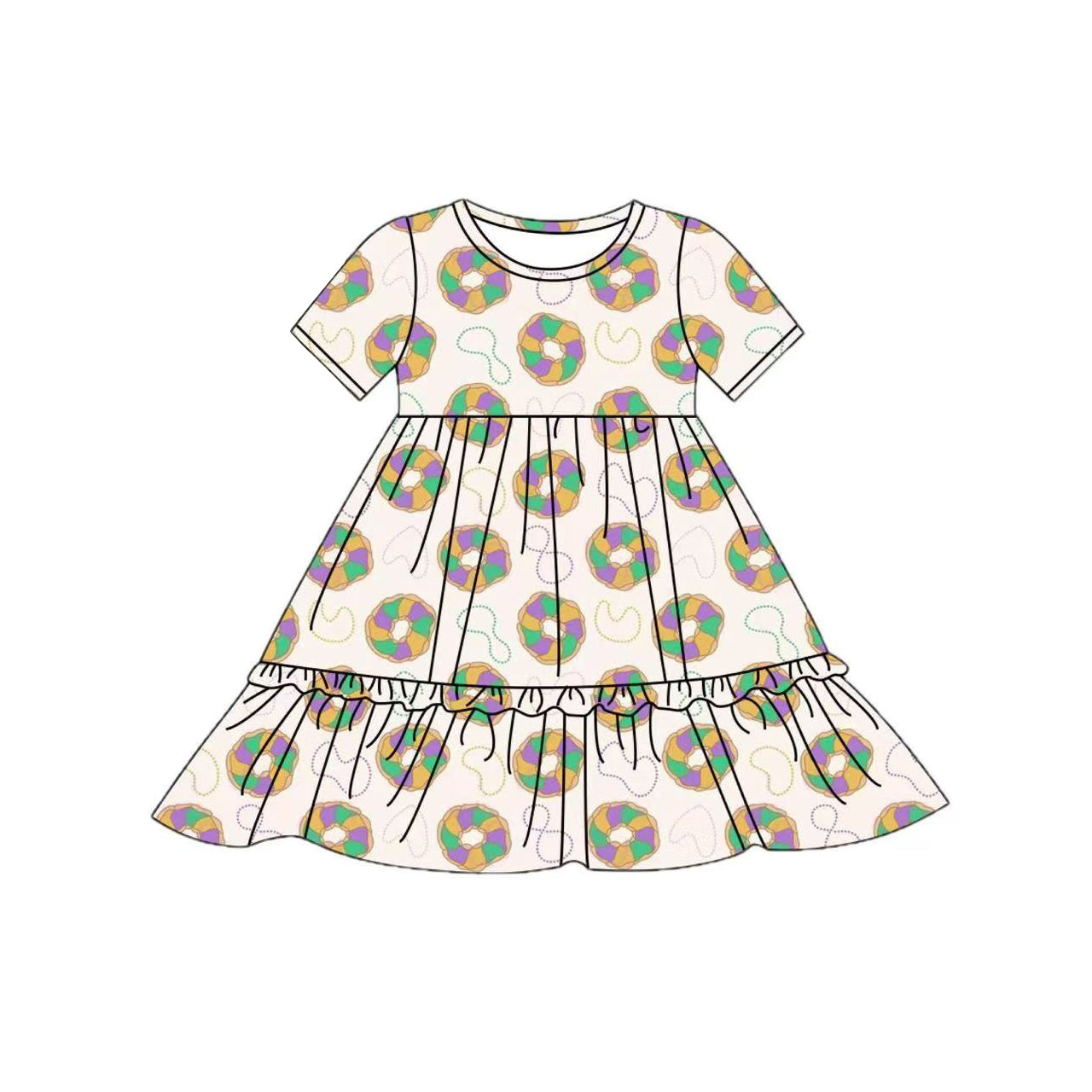 9.26 GSD2838 Pre order No Moq Baby Girls Mardigras Donuts Plaid Ruffle Knee Length Dresses