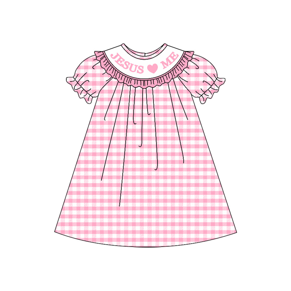 9.27 GSD2846 Pre order No Moq Baby Girls Pink Checked Jesus Love Me Knee Length Dresses