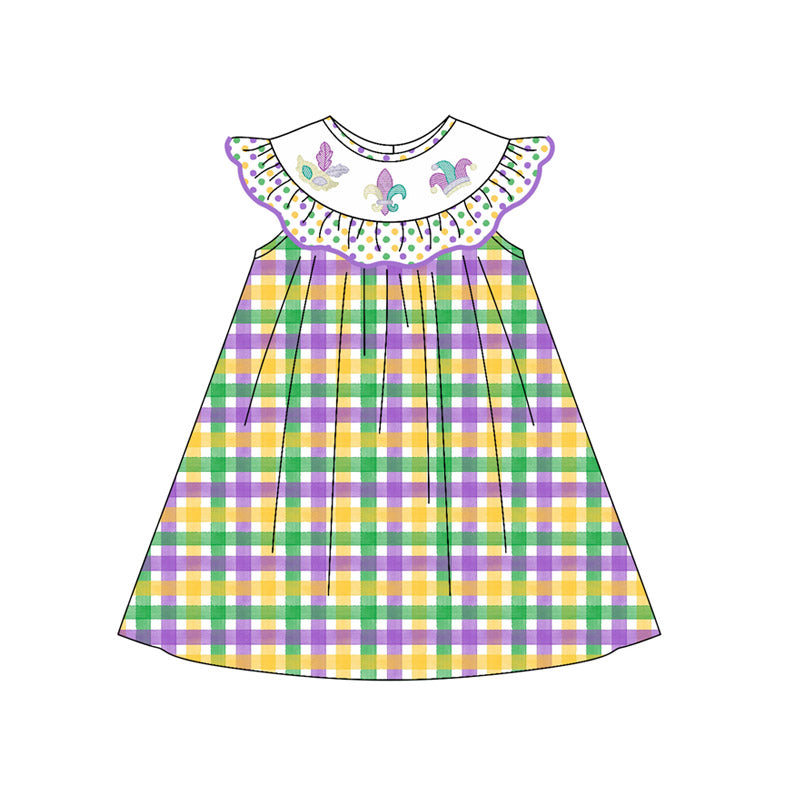 9.27 GSD2849 Pre order No Moq Baby Girls Mardigras Checked Anchors Knee Length Dresses
