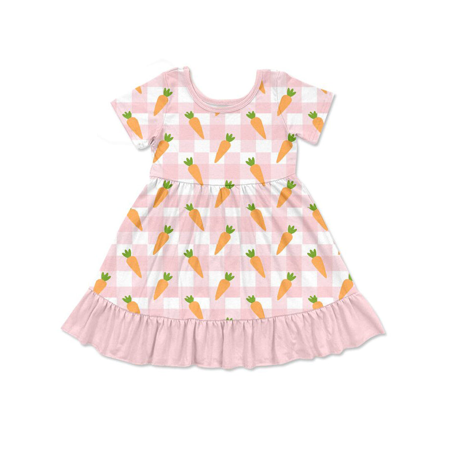 9.29 GSD2850 Pre order No Moq Baby Girls Pink Checked Carrots Ruffle Easter Knee Length Dresses
