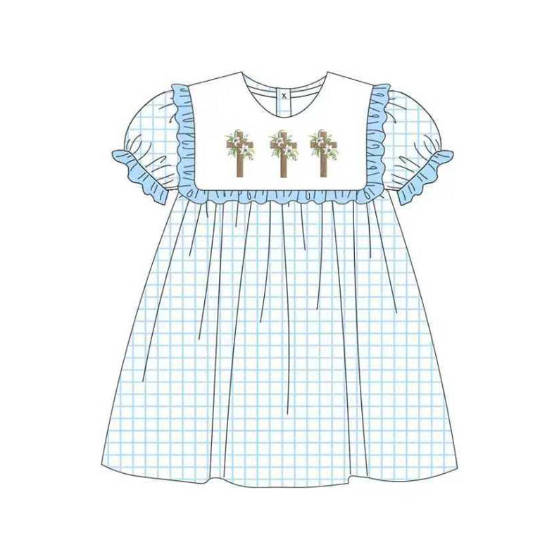 9.29 GSD2851 Pre order No Moq Baby Girls Blue Checked Crosses Easter Knee Length Dresses