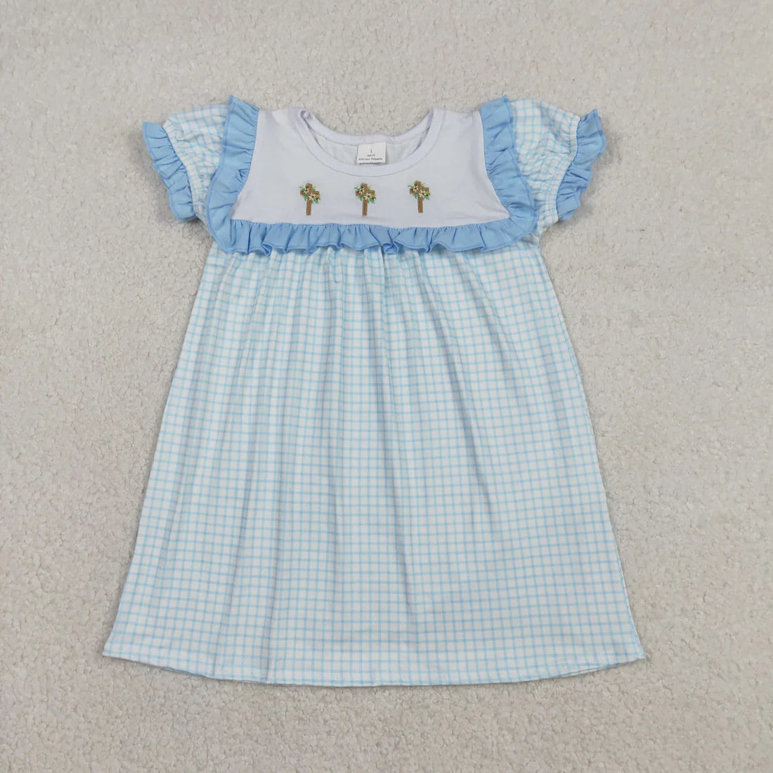 12.12 RTS Sibling Baby Girls Blue Checked Embroidery Floral Crosses Tunic Ruffle Shorts Knee Length Dress
