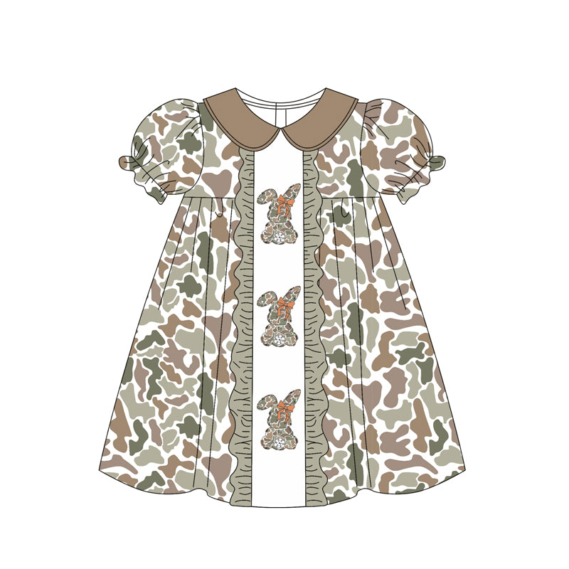 9.30 GSD2852 Pre order No Moq Baby Girls Olive Camo Rabbits Bows Easter Ruffle Knee Length Dresses