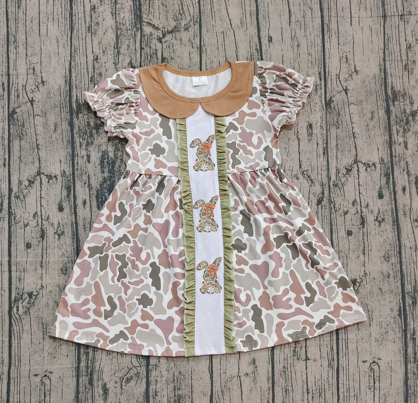 10.13 GSD2852 Sample No Moq Embroidery Camo Rabbits Baby Girls Bows Easter Ruffle Knee Length Dresses