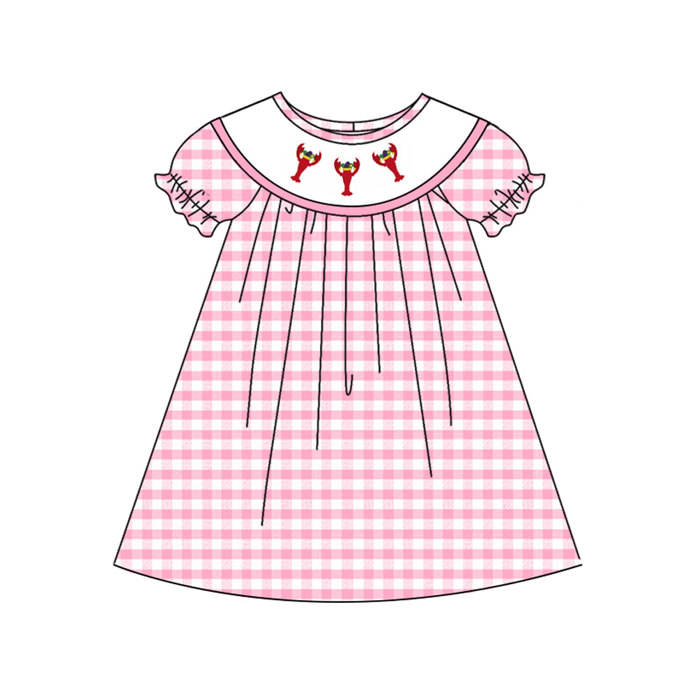 9.30 GSD2853 Pre order No Moq Baby Girls Pink Checked Mardigras Crayfishes Knee Length Dresses
