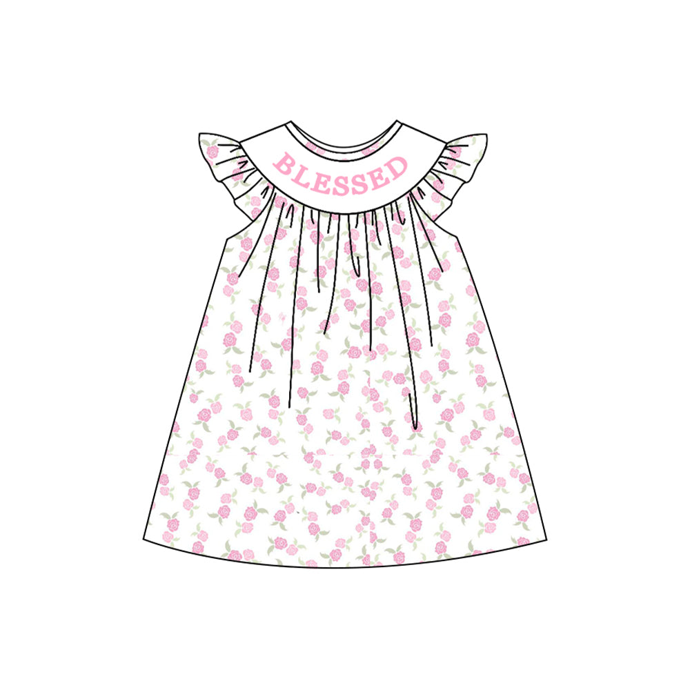 10.2 GSD2856 Pre order No Moq Baby Girls Pink Blessed Flowers Plaid Knee Length Dresses