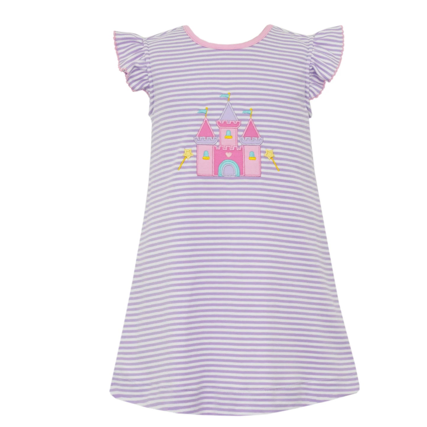 10.3 GSD2859 Pre order No Moq Baby Girls Flutter Sleeve Lavender Stripe Castle Knee Length Dresses