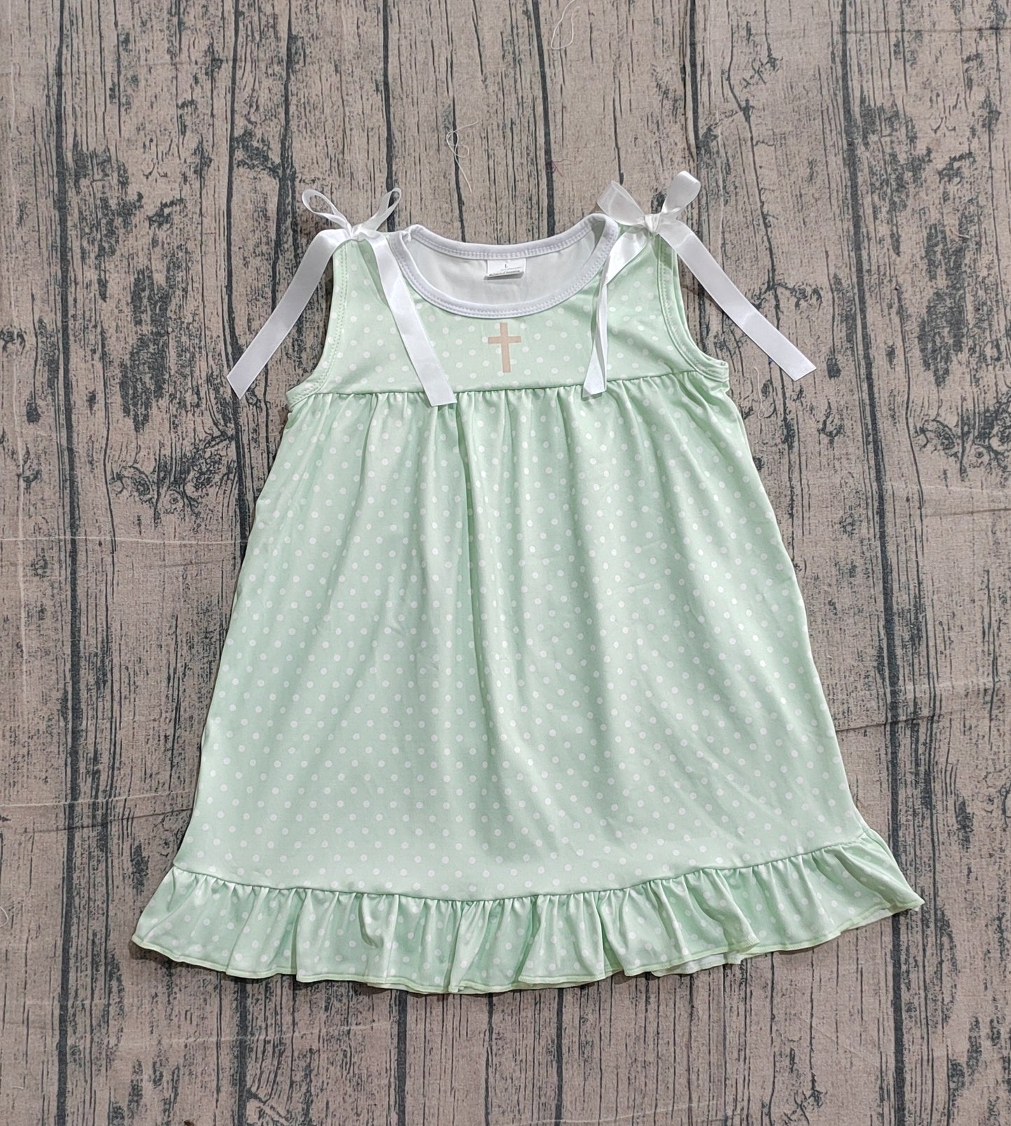 3.9 GSD2860 Sample No Moq Baby Girls Green Polka Dots Cross Easter Ruffle Knee Length Dresses