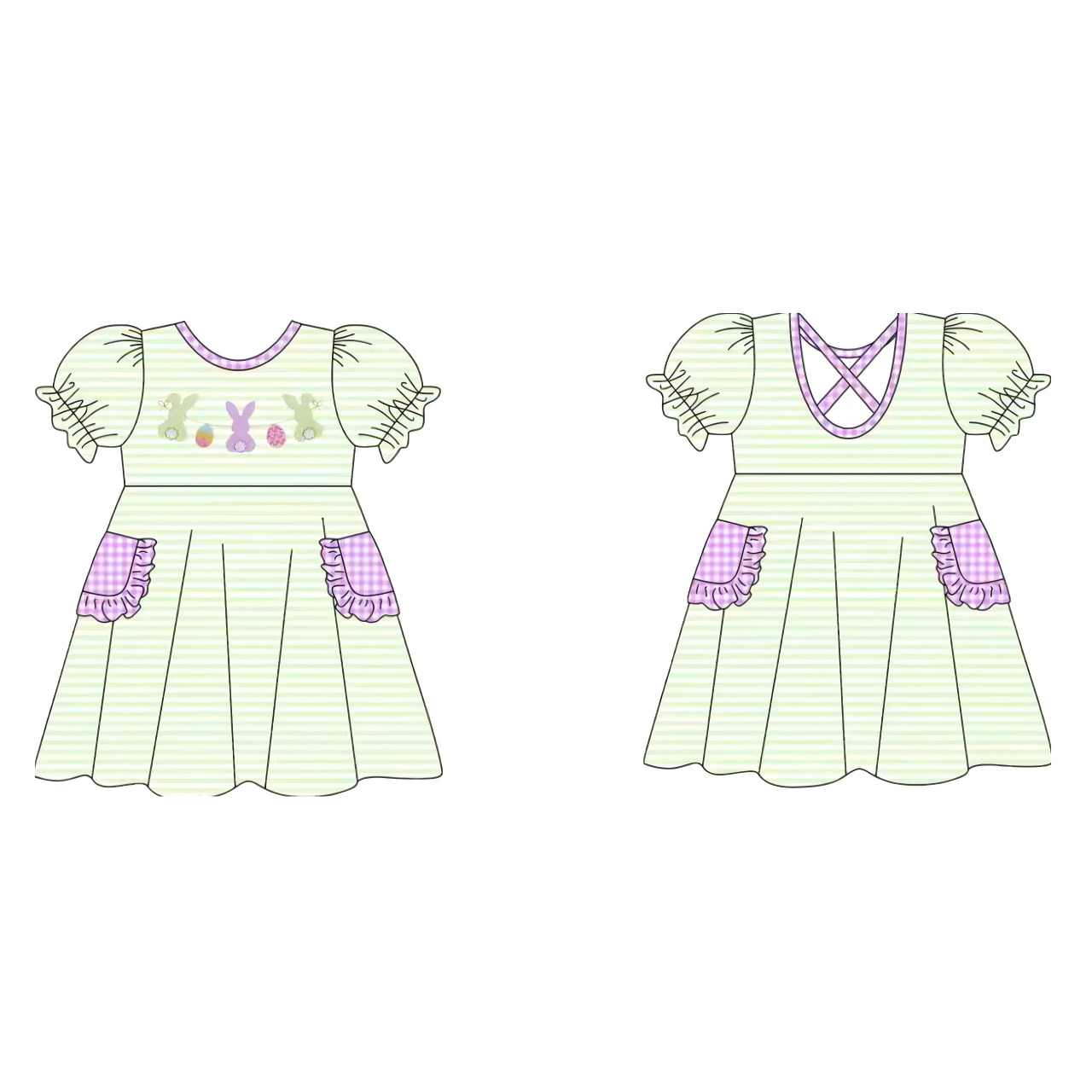 10.10 GSD2889 Pre order No Moq Baby Girls Stripe Rabbits Eggs Pockets Easter Knee Length Dresses