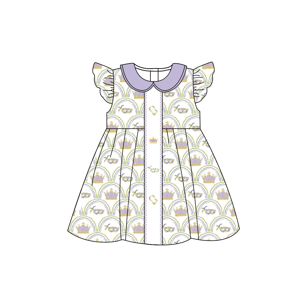 10.11 GSD2891 Pre order No Moq Baby Girls Mardigras Crowns Masks Checked Collar Knee Length Dresses