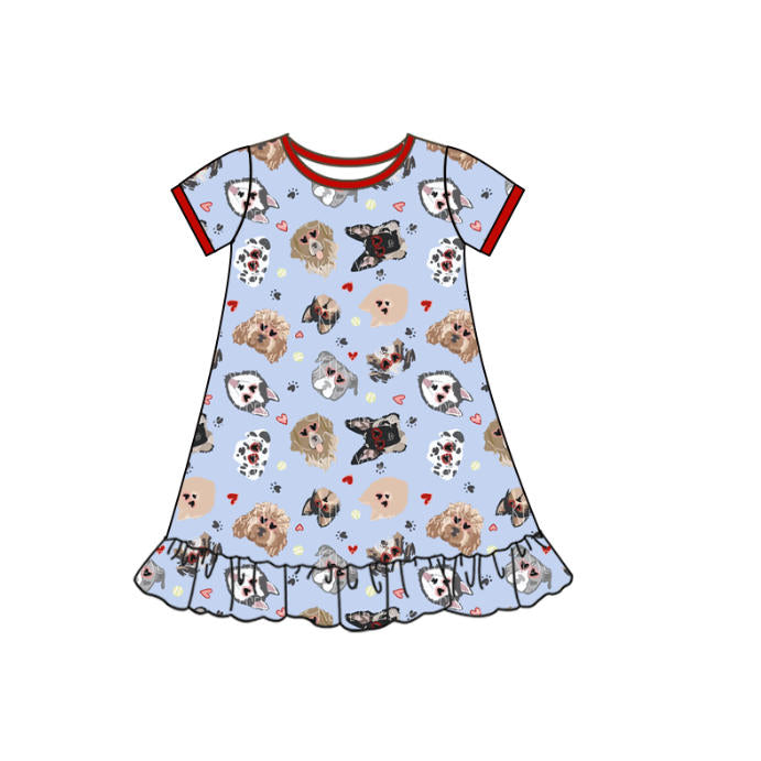 10.13 GSD2896 Pre order No Moq Baby Girls Hearts Dogs Valentine Ruffle Knee Length Dresses