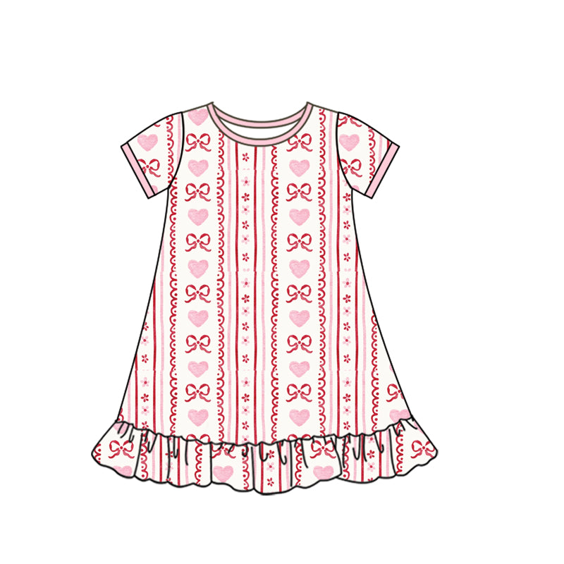 10.13 GSD2898 Pre order No Moq Baby Girls Pink Bows Hearst Stripe Valentine Ruffle Knee Length Dresses