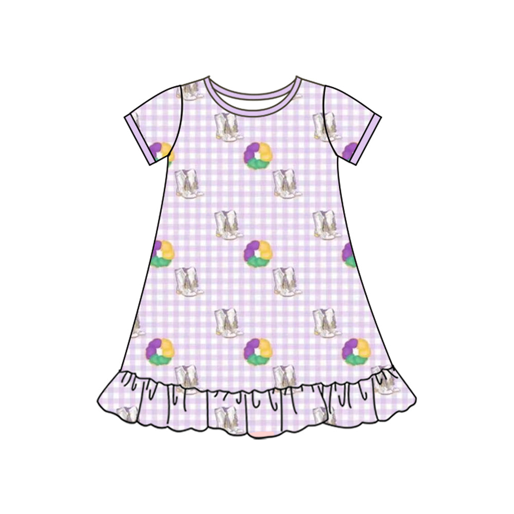 10.13 GSD2900 Pre order No Moq Baby Girls Mardigras Boots Donuts Checked Ruffle Knee Length Dresses